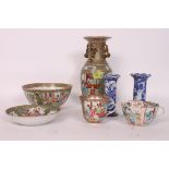 A collection of Chinese and Cantonese ceramics comprising famille rose vase, Cantonese bowls.