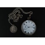 A silver 925 marked pocket watch with enamel dial having roman numerals and a silver 925 albert