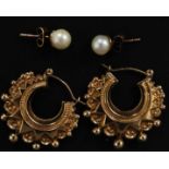 A pair of ladies 9ct gold sleeper earrings of Art Nouveau form together with a pair of pearl and