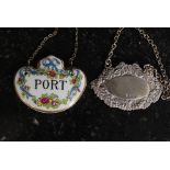 A hallmarked silver bottle label, along with a Coalport china hanging bottle label .