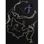 A selection of  6 silver necklaces with various chain styles and pendants including marquisette and