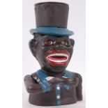 MONEY BOX; A vintage antique style cast iron novelty money box, with moving eyes and arm.