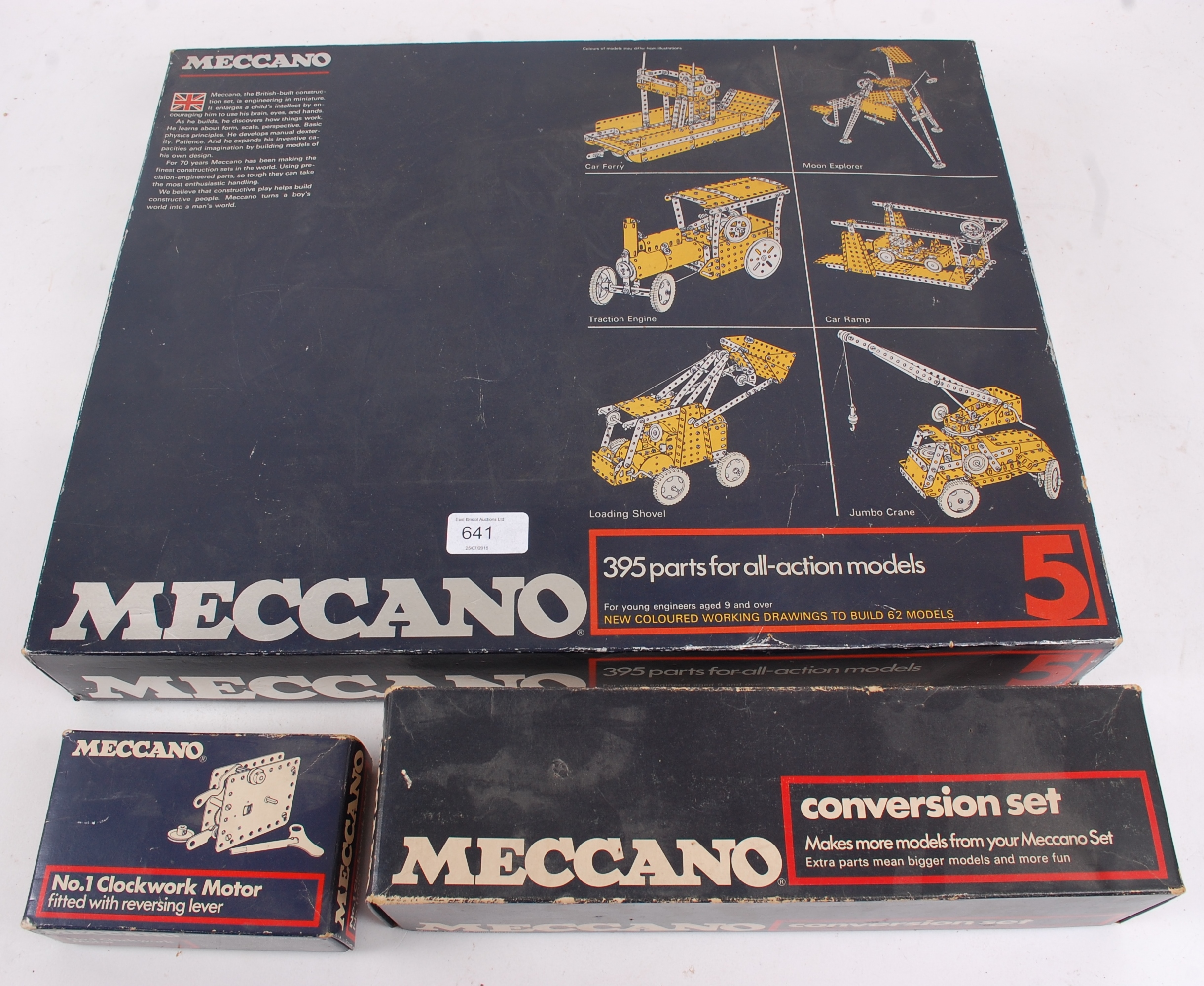 MECCANO; A collection of 3x blue box vintage Meccano sets - Set number 5, Conversion Set and No.