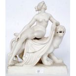 A 20th century blanc de chine / parian ware figure group of a neo classical naked lady atop a tiger