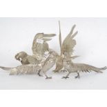 Two pairs of 20th century silver plate pheasants / fighting cocks - each unnamed.