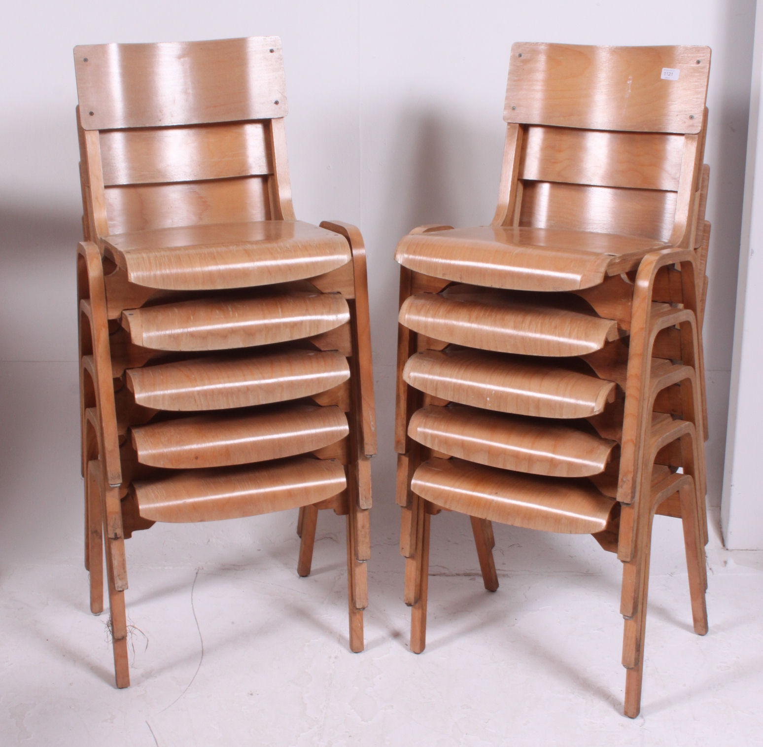 A stack of 10 retro 1950's ply panel wood Industrial school chairs raised on bentwood legs with - Image 2 of 4