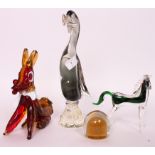 A collection of studio art glass to include a Murano style dog, a large heavy glass coloured duck,