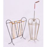 A retro 1950's wire work two tone black and yellow magazine rack together with a metal wire work