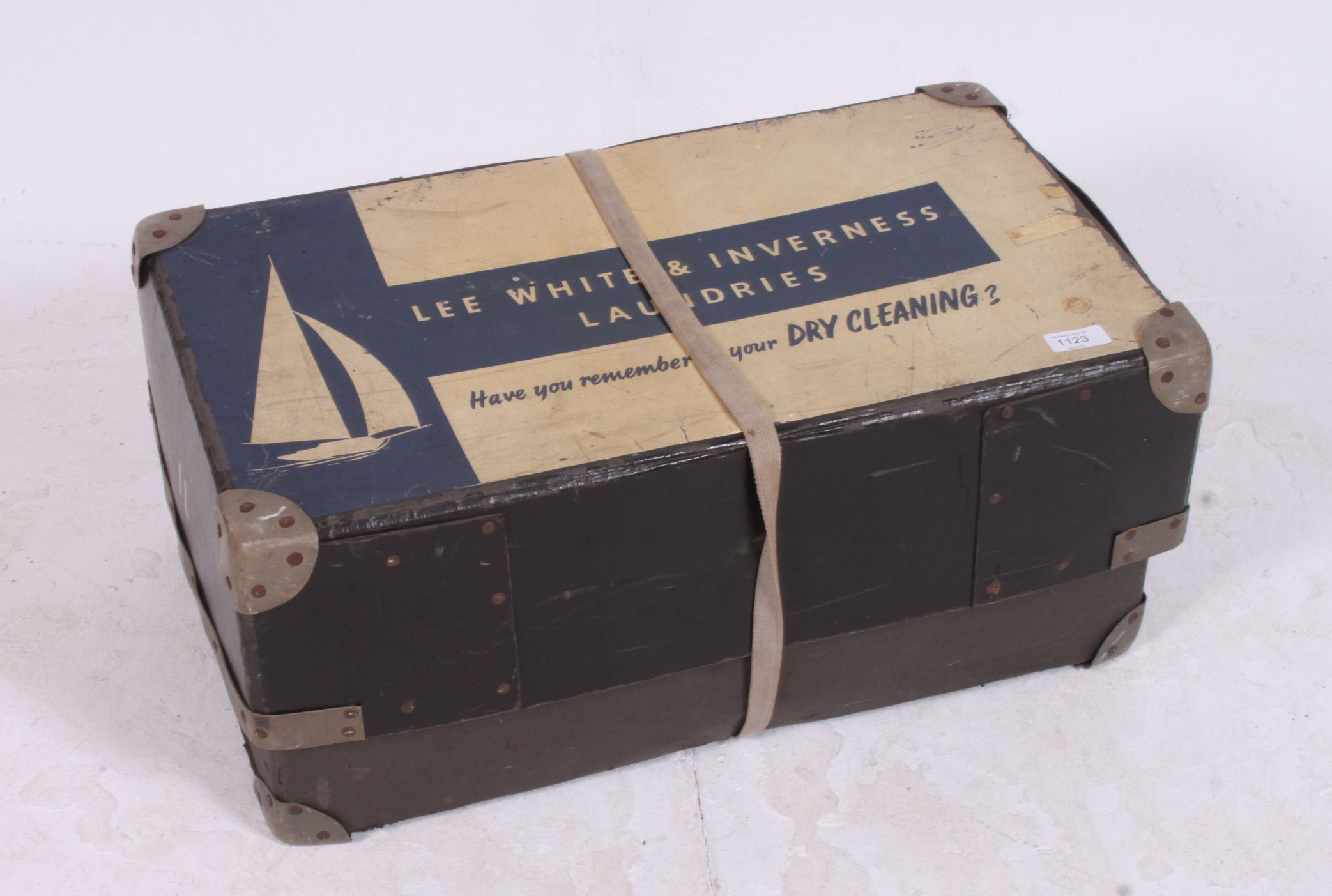 A vintage mid 20th century Industrial laundry case with original notation for Lee White & Inverness - Image 2 of 3