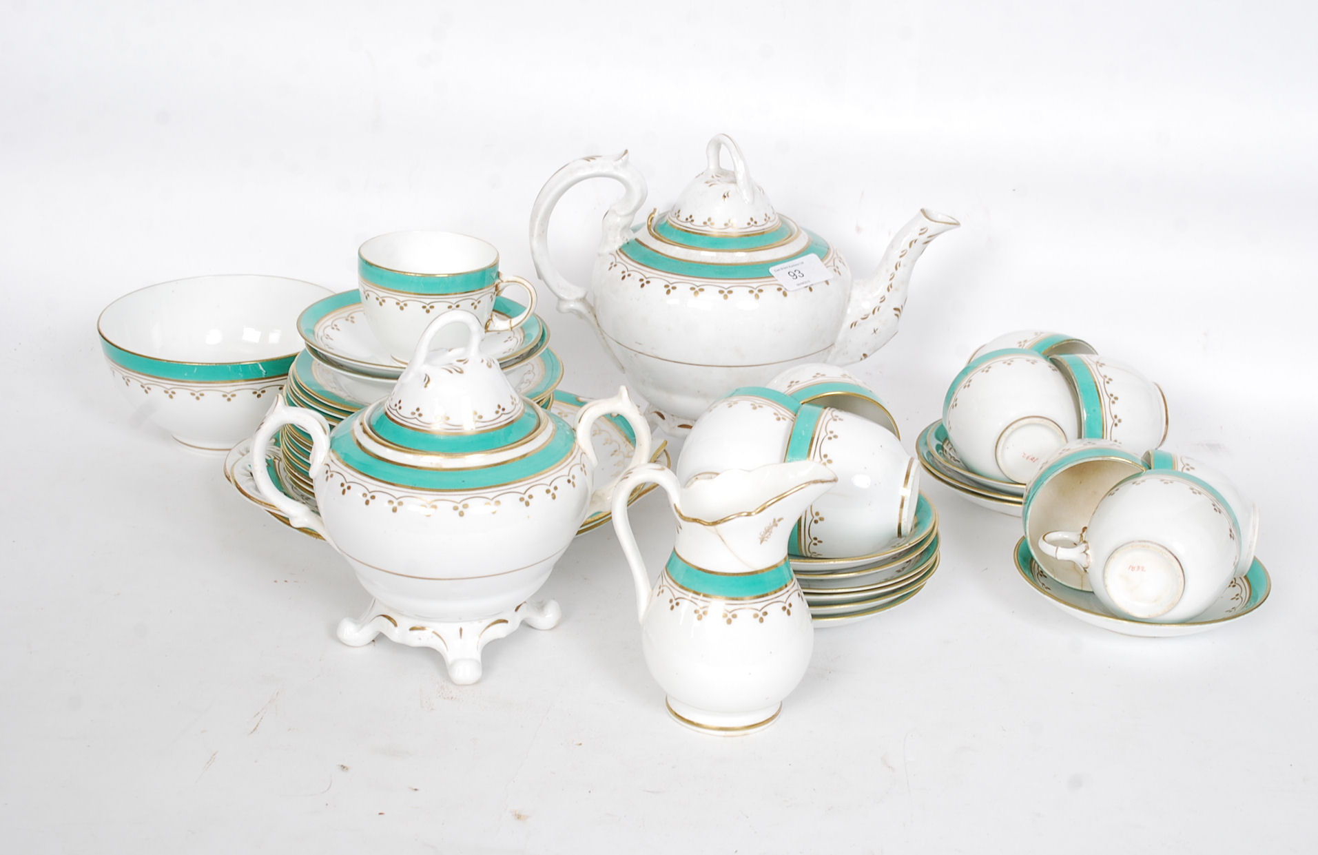 A stunning 19th century tea service having fabulous green and gilt banded design, Unmarked.