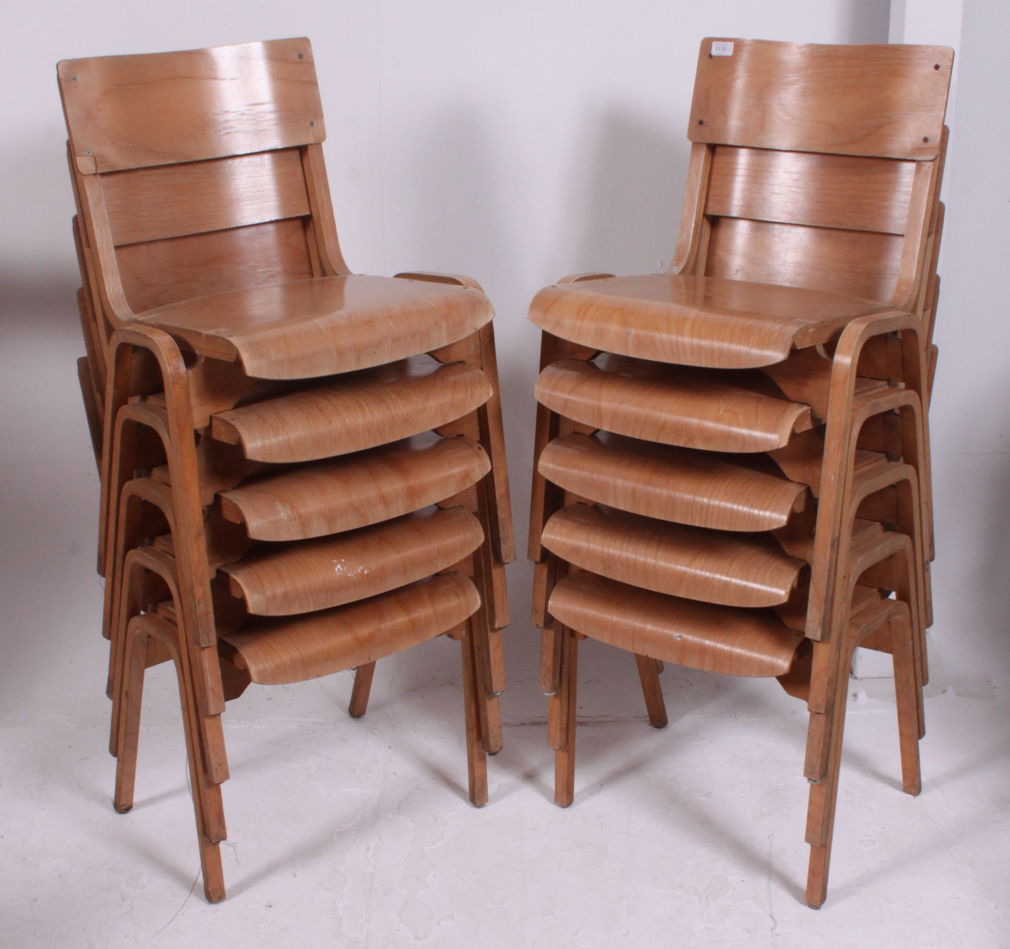 A stack of 10 retro 1950's ply panel wood Industrial school chairs raised on bentwood legs with - Image 2 of 5