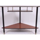 A vintage retro corner teak wood veneer  display stand with three shelves,