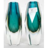 A pair of retro studio art glass Murano Sommerso two tone vases of angular form H31cm