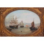 A good 20th century antique style framed oil on canvas painting of a ship scene,