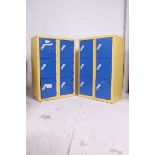 A pair of retro style 20th century two tone yellow and blue metal locker cabinets having multiple