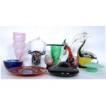 A collection of studio glass wares to include a Toucan, duck ornament, Murano Sommerso pin dish,