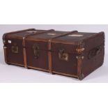 A good 20th century canvas and wooden strap steamer trunk suitcase with brass latches and hinged