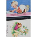 A vintage postcard album containing postcards by Lucie Mable Atwell, comic, silks,