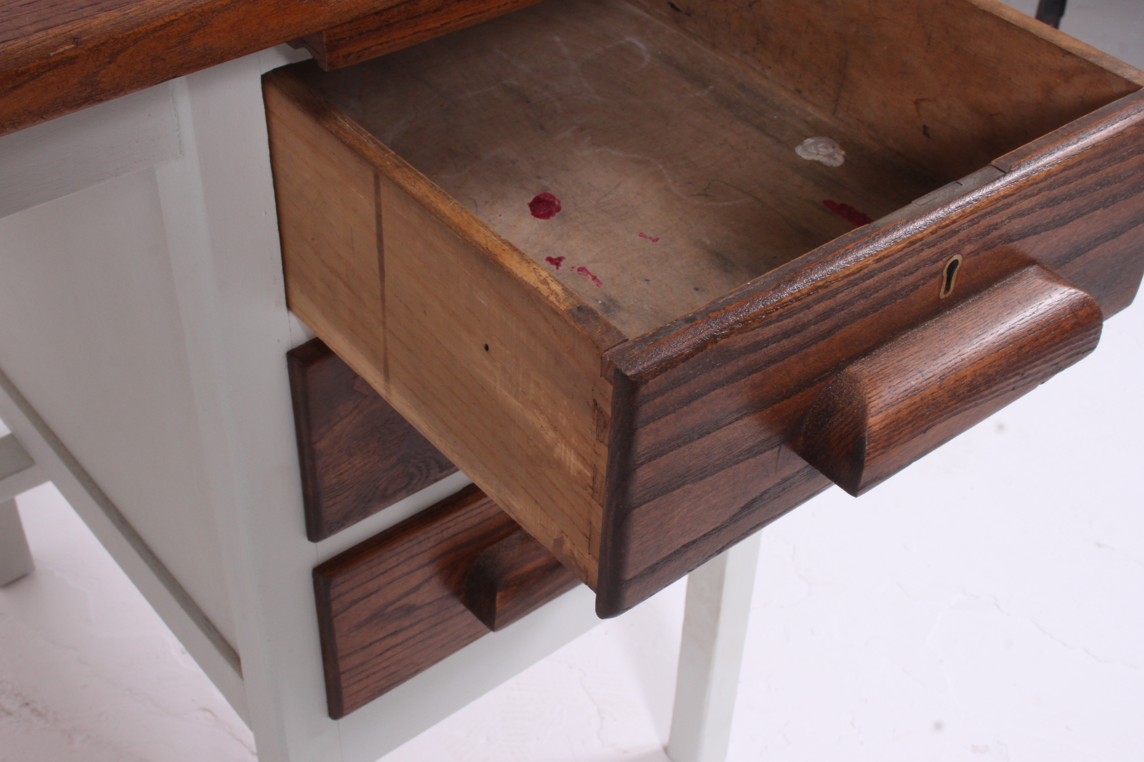 A good shabby chic upcycled painted oak clerks  desk having bank of drawers with open kneehole - Image 5 of 5