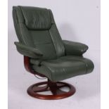 An Ekornes Stresslesss style green leather swivel and recline contemporary armchair.