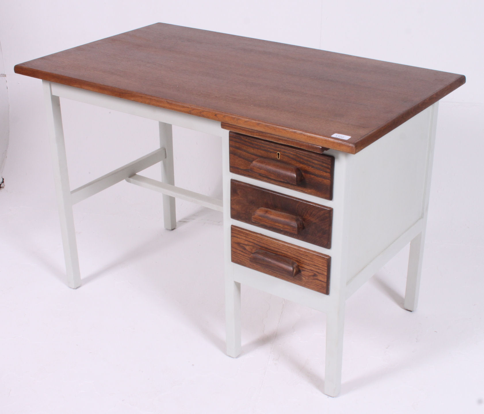 A good shabby chic upcycled painted oak clerks  desk having bank of drawers with open kneehole - Image 2 of 5