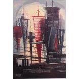 After Carlo Rosberg (b1902) A Danish " Harbour View of Sails " 196
4 print on wooden panel.