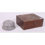 A vintage industrial fire alarm bell along with a scratch built wooden case H92 W30 D26 cm