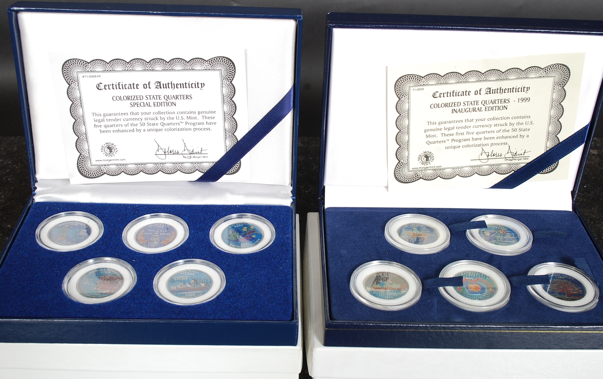 2 cased sets of five statehood colorized enamel quarter dollars - inaugural edition 1999,