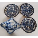 An early 19th century Elkin Knight & Co blue and white sweet meat dish having  mill and waterfall