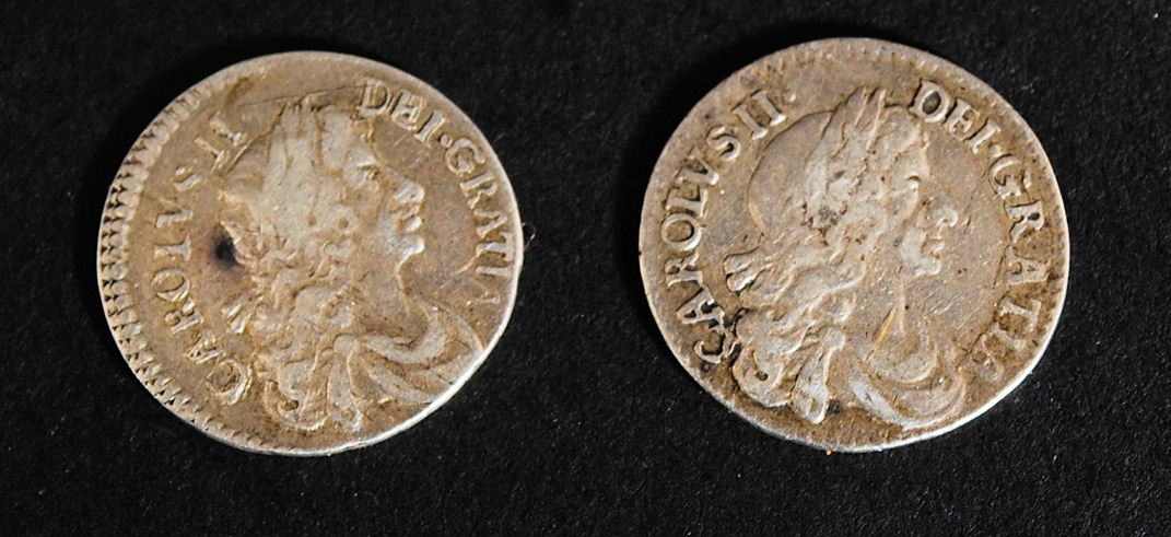 A 1680 and 1681 silver maundy money coins, believed 1 pence bearing Charles II obv,