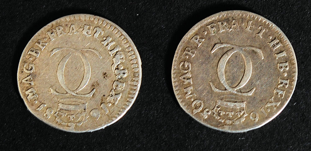 A 1680 and 1681 silver maundy money coins, believed 1 pence bearing Charles II obv, - Image 2 of 2