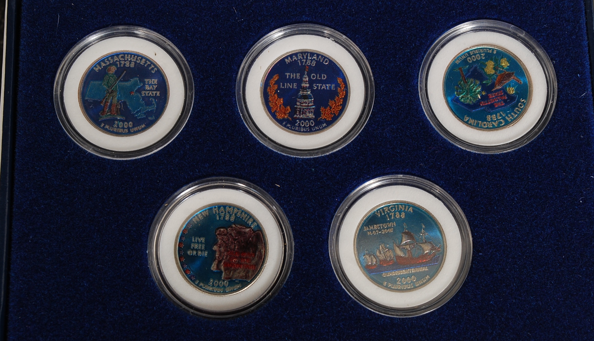 2 cased sets of five statehood colorized enamel quarter dollars - inaugural edition 1999, - Image 2 of 4