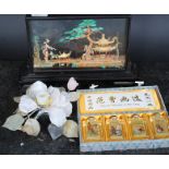 A mixed lot to include a Chinese oriental cased straw work / cork display,