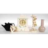 A collection of china to include a Belleek clock,