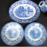 A collection of George Jones Abbey pattern blue and white china to include teapot, hot water pot,