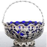 A continental silver ( tested) and blue glass lined bon bon dish.