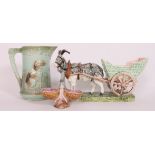 Continental Majolica china - large goat & cart group, Dolphin dish and dog jug.