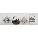 Three vintage tea pots to include a black and gilt Victorian Staffordshire tea pot along with two