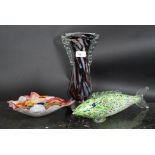 GLASS; A collection of studio glass to include a Murano style Confetti dish,