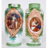 A near pair of late 19th / early 20th century Victorian hand painted glass vases - hand painted