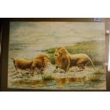 R Feldmeier; watercolour painting of two lions in water. Signed to corner.