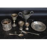 A good collection of silver plated wares to include a Victorian twin handled trophy,