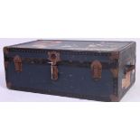 A vintage 20th century steamer trunk in blue with clasps to centre.