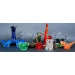 A collection of 14 pieces of studio glass to include blue glass vase, other vases etc.