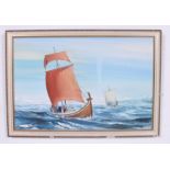 Peter Stuckey - 20th century - large oil on canvas painting of a seascape boat scene. Framed.