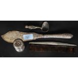 Silver and silver metal items to include a comb holder, serving knife,