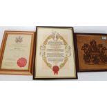 Alderman Bill Graves certificate & Leather embossed coat of arms for Bristol