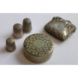 3 silver hallmarked thimbles together with a white metal vesta and a white metal pill box