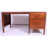 A large vintage 1930's oak twin pedestal desk  with orange original writing surface having pedestal