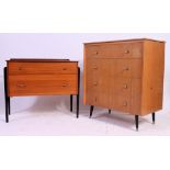 A straight four chest of drawers raised on stub legs along with a straight chest of two drawers.